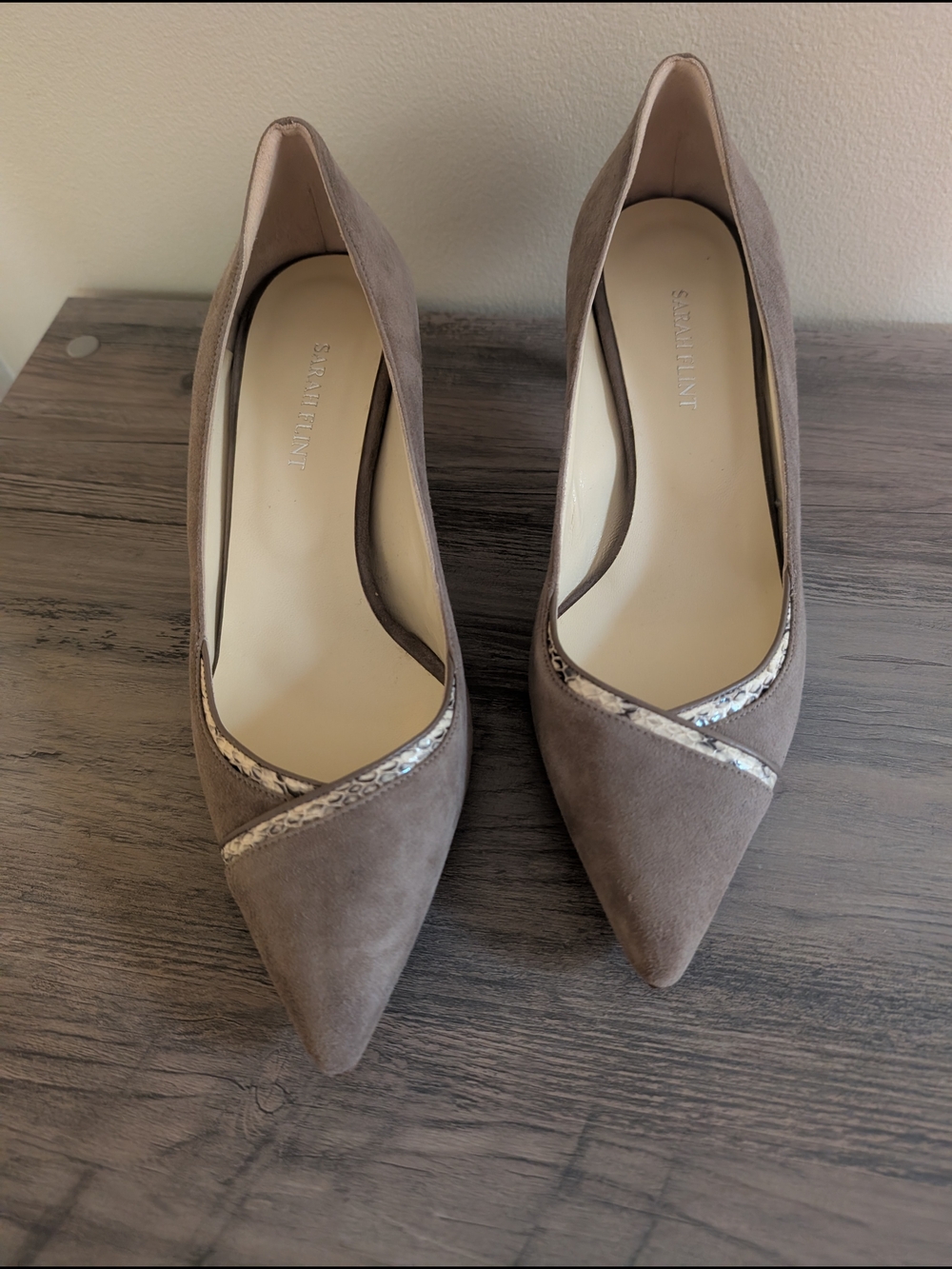 Sarah Flint Taupe Suede Pointed Toe Heels with Snake-Print Accent